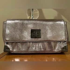 BCBGeneration Silver Metallic Textured Turn-Lock Clutch Bag